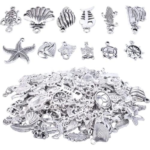 100 Pieces Antique Tibetan Silver Mixed Charms Ocean Theme Animals Charms Pendants for Earring Bracelet DIY Jewelry Craft Making