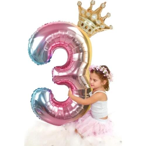 2pcs 32inch Rainbow Number Foil Balloons with Crown for Kids Boy Girl 1st Birthday Party Decorations Rose Gold Figures Globos
