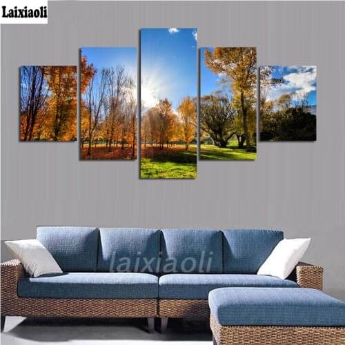 5D DIY square Round Diamond Embroidery Painting Cross Stitch Scenic Autumn Trees Lake Home Decoration 5 pcs diamond mosaic paint