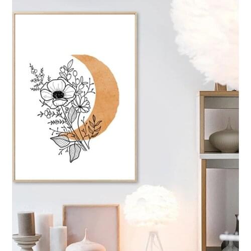 Boho Style Abstract Clay Sun and Moon Canvas Painting Wall Art Poster Eucalyptus Flower Plant Line Art Print Bedroom Decoration