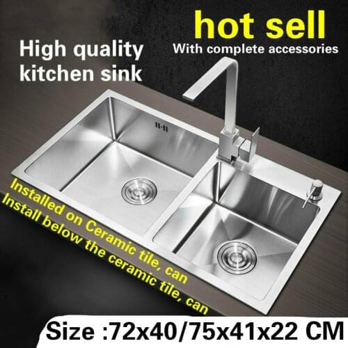 Tangwu Large high-grade kitchen sink 4 mm thick food-grade 304 stainless steel handmade double groove 72x40/75x41x22 CM