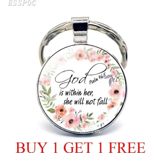 God Is Within Her, She Will Not Fall Bible Verses Keychain Glass Scripture Quote Jewelry Christian Faith Keyring Gifts