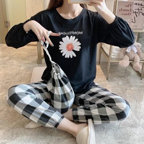 SLPBELY Fashion Daisy Flower Casual Pajamas For Home Wear Women Two Piece Plaid Pants Sets Sleepwear Girls Housewear