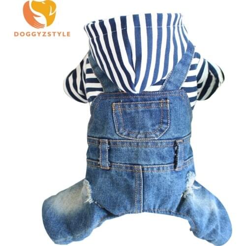 Leisure Style Pet Denim Jumpsuit Winter Warm Four Legs Jeans Clothes Solid Striped Blue Color Dog Jacket Jumpsuits DOGGYZSTYLE