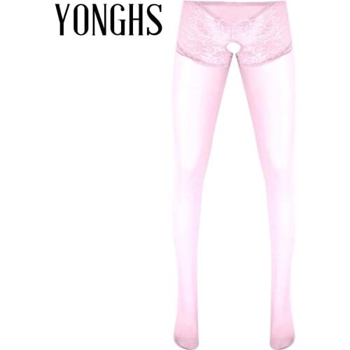 Erotic Crotchless Pants for Sexy Gay Men Lingerie Open Crotch Thin Footed Tights Stockings Lace Patchwork Glossy Sissy Nightwear