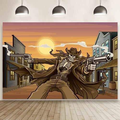 Sunset Town Skeleton Western Cowboy with Gun Boys Birthday Photography Day of The Dead Backdrop Background Photo Banner Decors