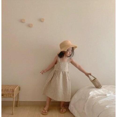 2021 Korea style girls plaid dress fashion cotton linen summer girls dresses