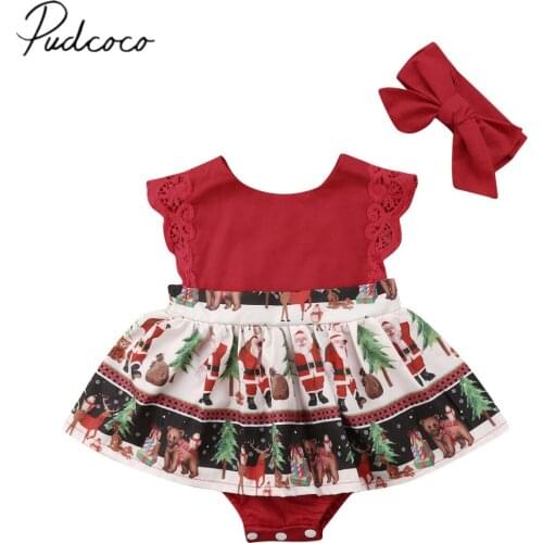 2018 Brand New Christmas Toddler Baby Girls Santa Romper Dress Lace Sleeve Ruffles Jumpsuits Claus Print Playsuit Dress+Headband