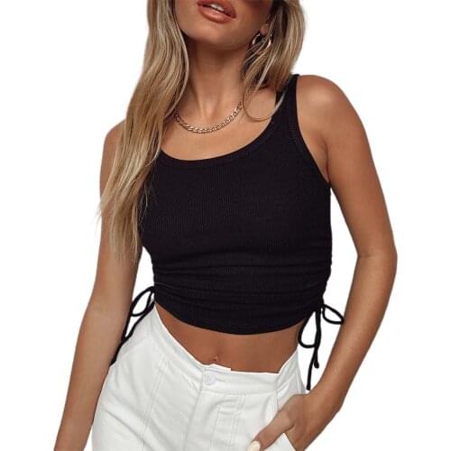 Summer Womens Short Tank Tops Side Drawstring Sleeveless Simple Crop Top Solid Color Ladies Casual Tight Base Crop Top Tee