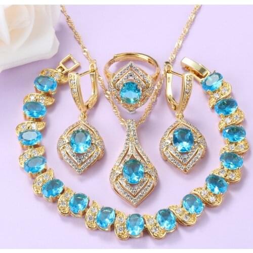 Morrocan Jewelry Sets With Sky Blue Cubic Zirconia Wedding-Party Fashion Gold-Plated Bridal Costume Gift Set For Women In A Box