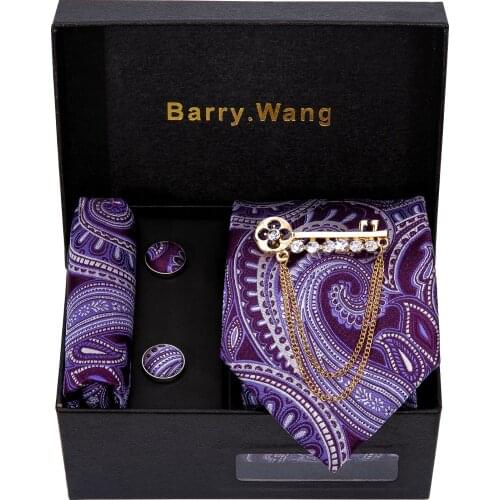 Mens Wedding Tie Purple Paisley Silk Tie Hanky Set Barry.Wang Jacquard Woven Fashion Designer Neck Ties For Men Party Gift Box