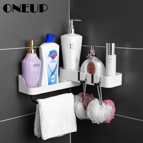 ONEUP Wall-Mounted Bathroom Shelf Organizer For Lotions Rotatable Storage Rack With Towel Bar Household Bathroom Accessories
