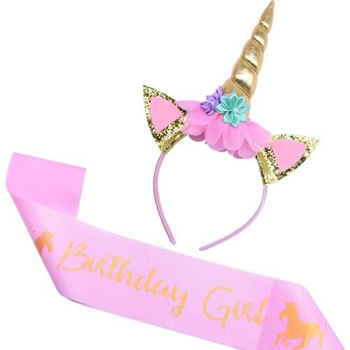 Birthday Girl Unicorn Headband with Sash Unicorn Cake Topper Baby Shower Girl Birthday Party Decorations Unicorn Party Supplies