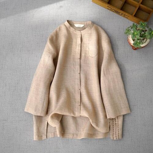 Womens Spring New Ramie Quarter Sleeve Shirt with vertical collar and concealed button simple loose linen blouse 0418