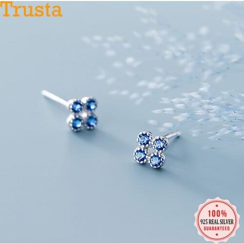 Trustdavis Real 925 Sterling Silver Fashion Sweet Flower Blue CZ Charm Stud Earrings For Women Wednesday Party Jewelry DA1557