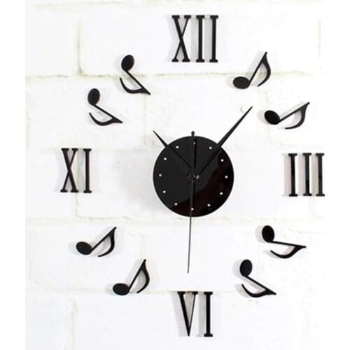 Modern Black DIY Music Notes Mirror Style Wall Clock Sticker Mirror Surface Wall Stickers Home Office Decor C42