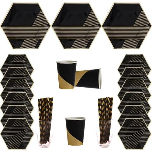 Black gold cups, plates, straws, paper towels, high-grade tableware, suitable for solemn occasions, high-end occasion parties