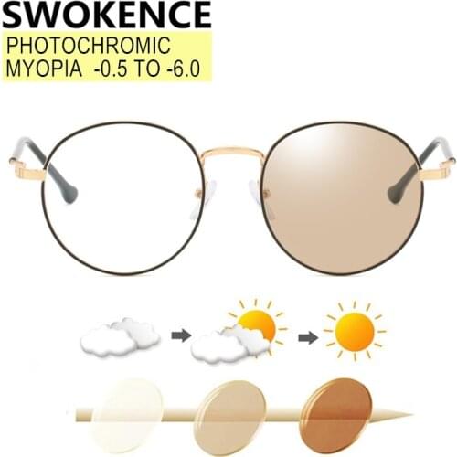 SWOKENCE Myopia Glasses -0.5 -1.0 to -6.0 Men Women Alloy Round Frame Photochromic Prescription Spectacles For Nearsighted F032