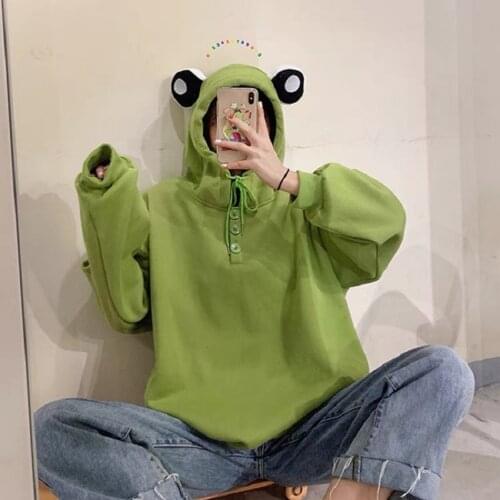 Deeptown Harajuku Frog Hoodie Women Funny Animal Sweatshirt Kawaii Long Sleeve Pullover 2021 Fashion Cute Embroidery Tops Casual