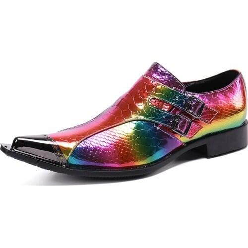 Summer Casual New Mens Classic Fashion Shoes Personalized Metal Pointed Toe Cowhide Leather Color Crocodile Pattern Mens Shoes