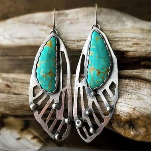 Vintage Silver Plated Hallow Out Butterfly Wings Drop Earrings Turquoises Dangle Earrings for Women Punk Party Jewelry A4M933