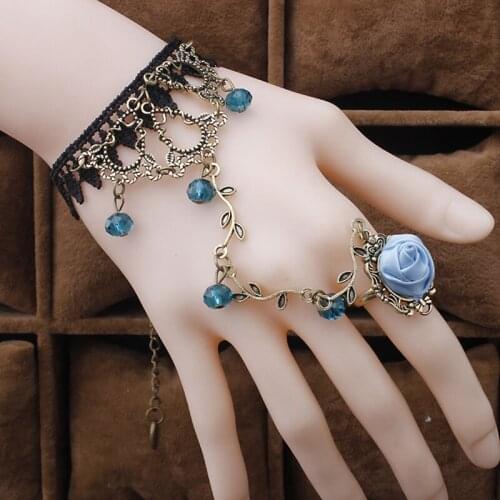 Vintage Charm Steampunk Black Lace bracelet Retro Gothic Rose Flower Finger Hand Chain Harness Bracelet Halloween Party Jewelry