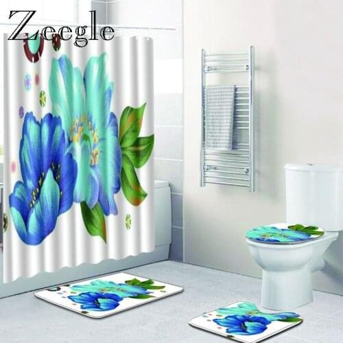 Zeegle 4pcs Floral Pattern Bath Mat Bathroom Anti-slip Mat Set Flannel Absorbent Toilet Seat Cover Rug Bathroom Accessories