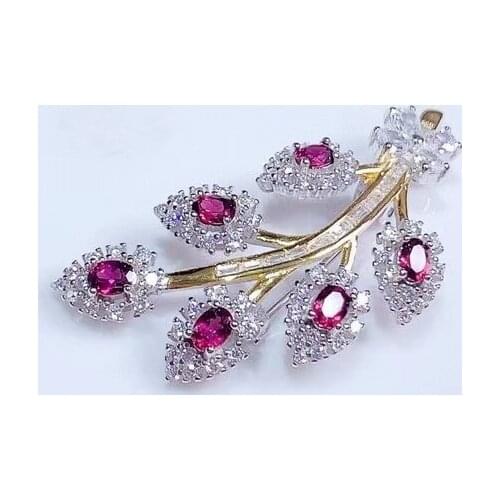 Natural red garnet brooch S925 silver Natural yellow crystal brooch Pendant trendy Elegant flower leaf women two wears jewelry