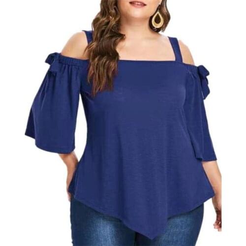 Womens T-shirts Large Size Asymmetric Strapless Bow Tie Irregular Loose Sling Camiseta Ropa Mujer Top Half sleeve Casual Tshirt