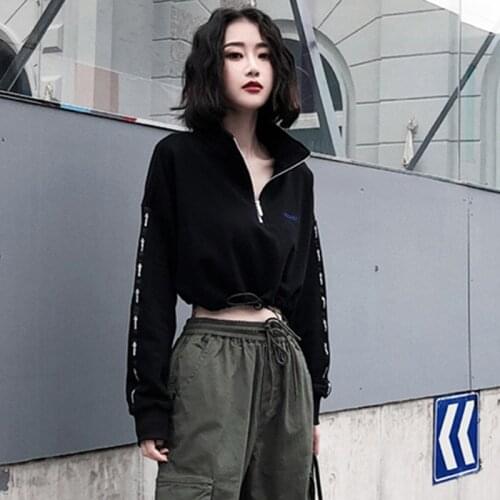 New 2021 Autumn Spring Women Punk Gothic Girls Black Hoodies Zip Up Letter Print Stand Collar Cropped Sweatshirt Casual Pullover
