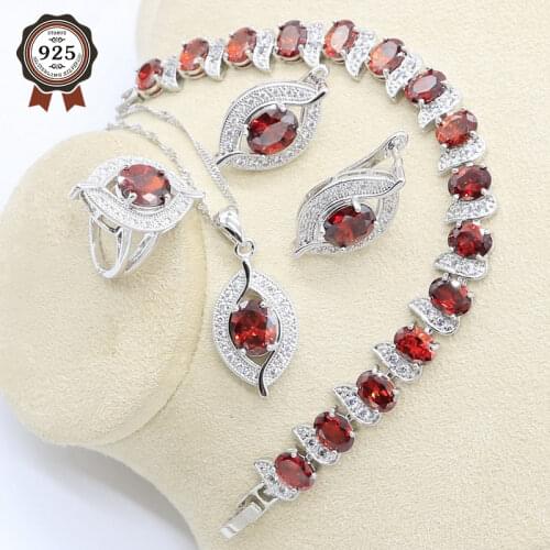Red White Zircon Silver Color Jewelry Set for Women Wedding Bracelet Hoop Earrings Necklace Pendant Ring Gift Box for Jewelry