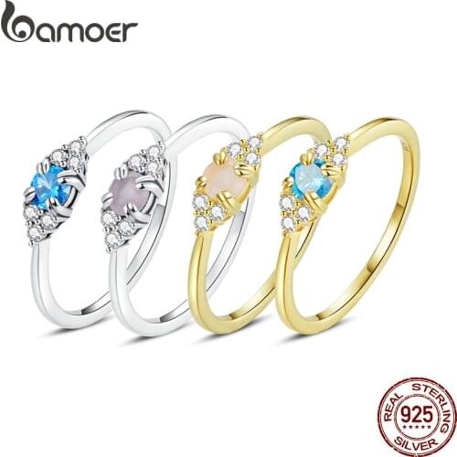 Bamoer Authentic 925 Sterling Silver Gold 4 Colors Crystal Pink Zircon Finger Ring for Women Statement Fashion Jewelry SCR534
