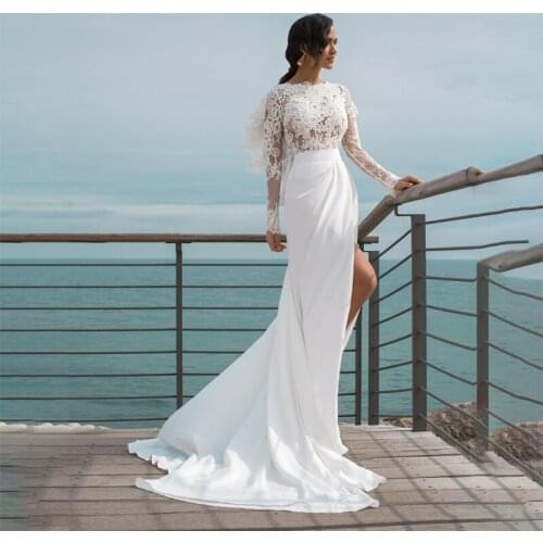 White Lace See Through Betterfly Long Sleeves Beach Wedding Dress Backless High Slit Bridal Dress vestidos de novia vintage