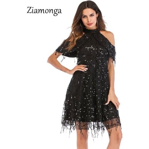 Ziamonga Women Elegant Sequined Dress Evening Party Cold Shoulder Slit Vestidos Mesh Runway Dress Sexy Night Club Tassels Fring