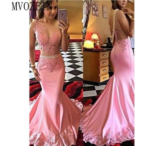 MVOZEIN Pink Evening Dress 2020 Lace Embroidery Beaded Transparent Mermaid Prom Dress Party Long Formal Gown robe de soiree