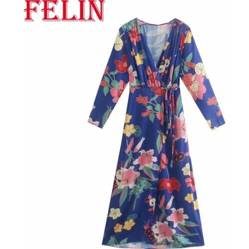 Za 2021 Women Chic Floral Print Vintage Long Dress V Neck A-Line Stylish Autumn Dress Long Sleeve Elegant Mujer Vestidos
