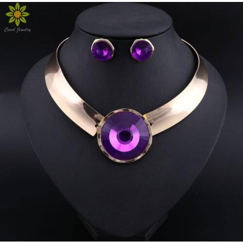 Gold Color Jewelry Sets for Women Round Purple Crystal Bridal Necklace Earrings Set Turkish Jewelry For Party Wedding