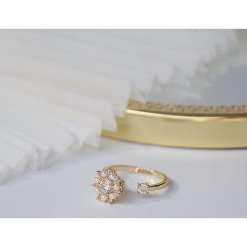 14k Real Gold Plated Jewelry Pearl Flower Zircon Rotatable Rotating Open Rings for Woman Holiday Party Elegant Fashion Ring