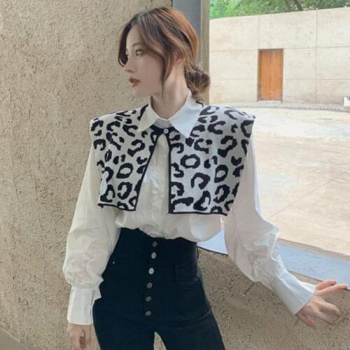 2021 Spring Autumn Winter Women Shirts Leopard Print Patchwork Ruffle Long Sleeve Blouse Elegant Office Lady Casual Tops D02