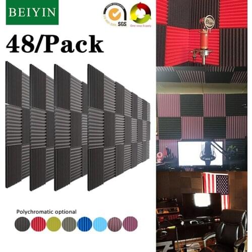 BEIYIN 48pcs Wedge Fireproof Acoustic Foam Soundproof Board Room Studio Reverberation Treatment Tiles Sound Absorption Panels