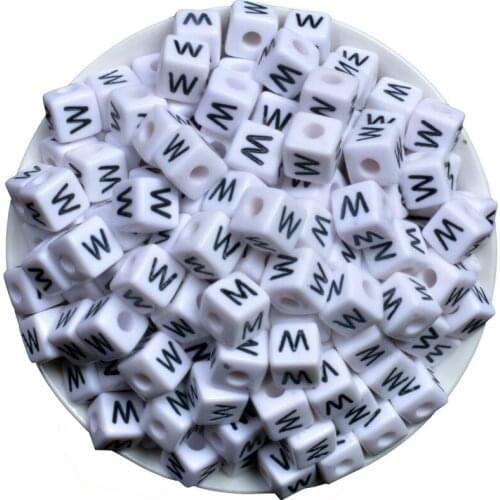 Acrylic Spacer Beads Square White Letter Pattern "W" About 10mm(3/8")x 10mm(3/8"),Hole: Approx 4mm,50 PCs
