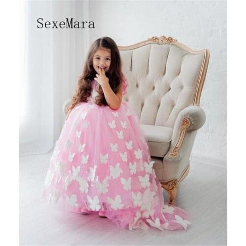 Lovely Pink Baby Girls Dresses Puffy Tulle 3D Butterflies Girls Birthday Dress Pageant Party Gown
