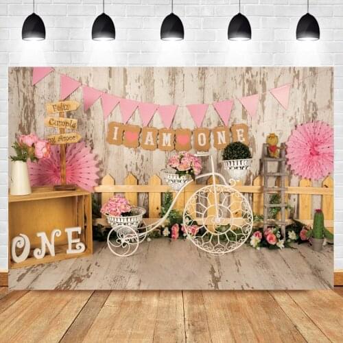 Laeacco 1st Birthday Party Carriage Flowers Garden Baby Wood Wall Photo Shoot Photography Background Photo Backdrop Photocall