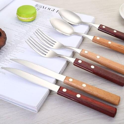 Stainless Steel Dinner Spoon Fork Knife Tableware Metal Dinnerware Wooden Handle Cutlery Wedding Party Hotel Kitchen Accessories