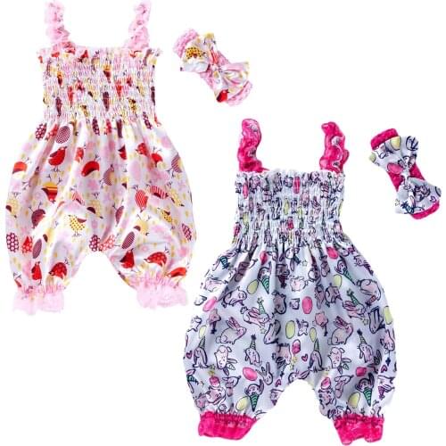 2021 0-24M Newborn Baby Girl Easter Romper Cartoon Bunny Print Sleevelss Pleated Jumpsuit Long Pants+Headband 2pcs Summer Outfit