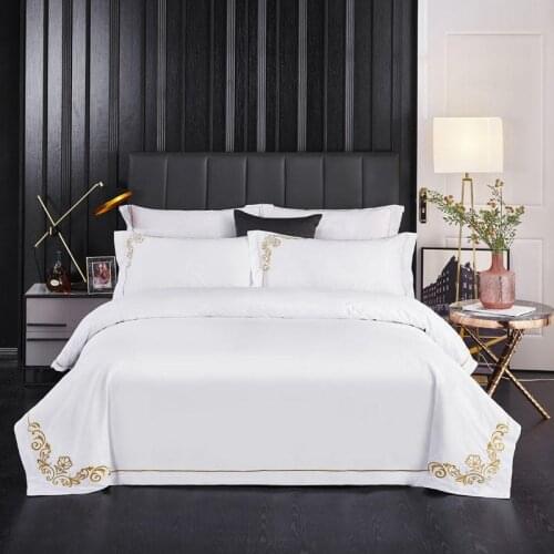 Gold Gray Embroidered Hotel White Egyptian Cotton Soft Duvet Cover Breathable Durable Luxury bedding set Queen King size 4Pcs