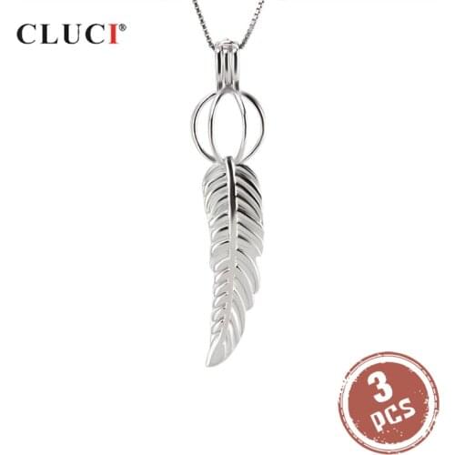 CLUCI 3pcs Silver 925 Women Jewelry Feather Pendant for Necklace Cute 925 Sterling Silver Pearl Pendant Locket Jewelry SC202SB