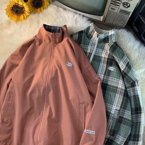 2021 New Coat Spring Autumn Casual Stand Jacket Men Korean Reversible Plaid Fashion All Match Loose Fit Jacktes Men Women