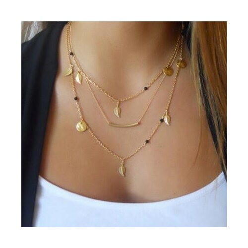 Multi-Layer Collar European and American Fashion Parts Black Beads Leaves Multi-Layer Geometric Necklace Gold Necklace