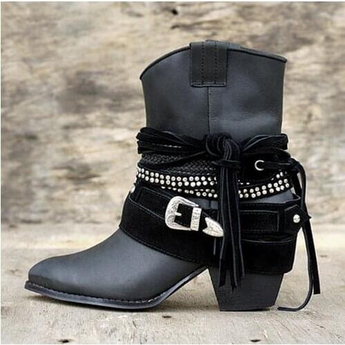 Fashion Fringe Women Short Chelsea Boots Black Genuine Leather Thick High Heels Shoes Woman Pointed Toe Metal Buckle Booties
